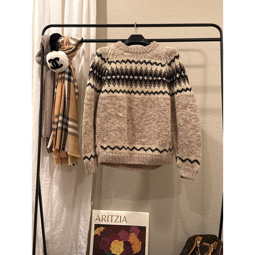 Vintage Hand-Knit Nordic Fair Isle Wool Sweater Neutral Scandinavian Crew Large